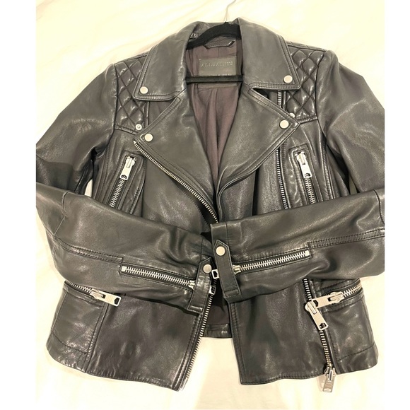 ALL SAINTS Women Bleeker Biker Cargo Leather Jacket Moto Black 0 XS 32 EUC - Picture 7 of 15